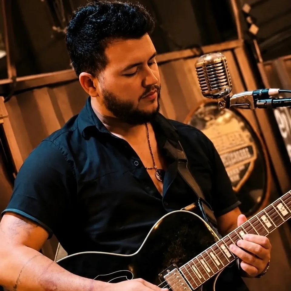Emmanuel Luz tocando guitarra diante de um microfone vintage.